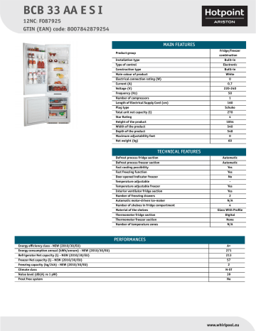 HOTPOINT/ARISTON BCB 33 AA E S I Fridge/freezer combination Product Data Sheet | Manualzz
