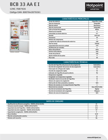 HOTPOINT/ARISTON BCB 33 AA E I Fridge/freezer combination Product Data Sheet | Manualzz