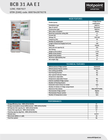 HOTPOINT/ARISTON BCB 31 AA E I Fridge/freezer combination Product Data Sheet | Manualzz