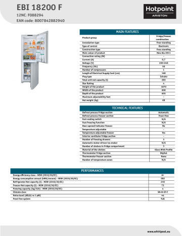 HOTPOINT/ARISTON EBI 18200 F Fridge/freezer combination Product Data Sheet | Manualzz