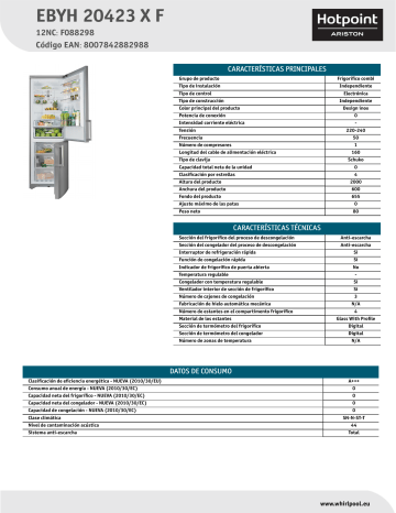 HOTPOINT/ARISTON EBYH 20423 X F Fridge/freezer combination Product Data Sheet | Manualzz