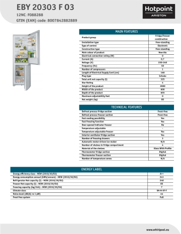 HOTPOINT/ARISTON EBY 20303 F O3 Fridge/freezer combination Product Data Sheet | Manualzz