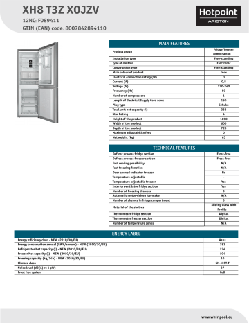 HOTPOINT/ARISTON XH8 T3Z XOJZV Fridge/freezer combination Product Data Sheet | Manualzz