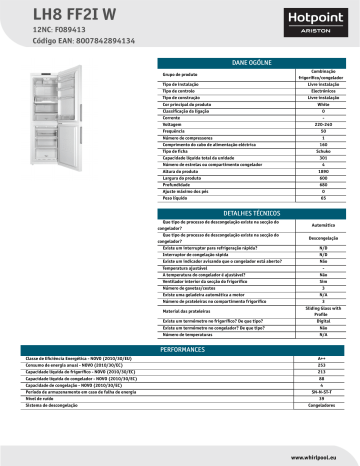 HOTPOINT/ARISTON LH8 FF2I W Fridge/freezer combination Product Data Sheet | Manualzz