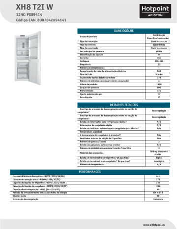 HOTPOINT/ARISTON XH8 T2I W Fridge/freezer combination Product Data Sheet | Manualzz