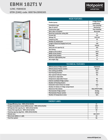 HOTPOINT/ARISTON EBMH 182T1 V Fridge/freezer combination Product Data Sheet | Manualzz