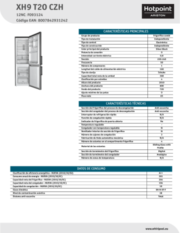 HOTPOINT/ARISTON XH9 T2O CZH Fridge/freezer combination Product Data Sheet | Manualzz