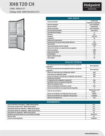 HOTPOINT/ARISTON XH8 T2O CH Fridge/freezer combination Product Data Sheet | Manualzz