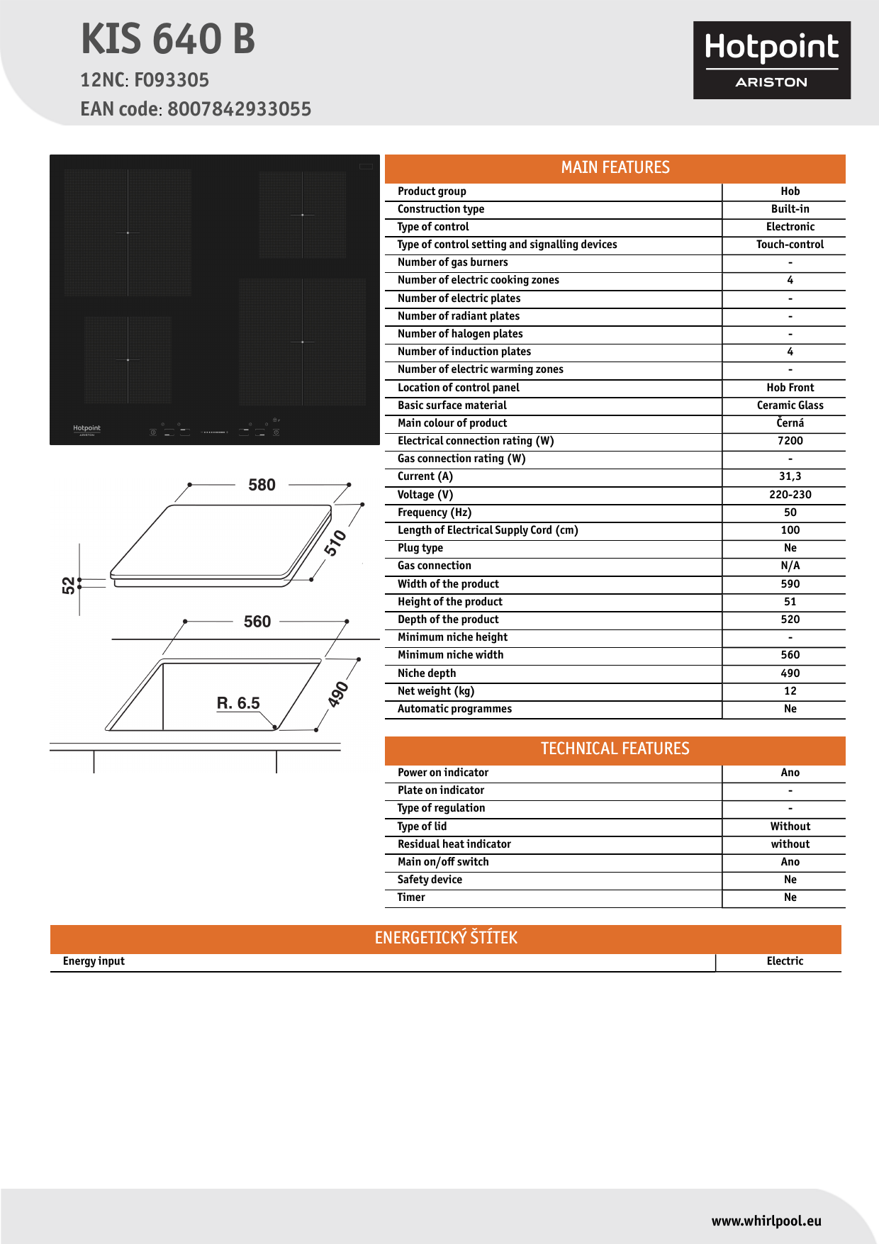 HOTPOINT/ARISTON KIS 640 B Hob Product Data Sheet | Manualzz