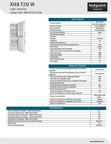 HOTPOINT/ARISTON XH8 T2O W Fridge/freezer combination Product Data Sheet | Manualzz