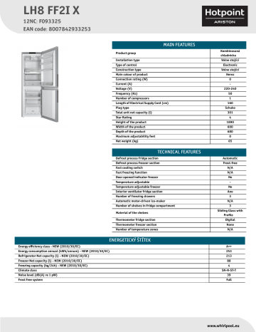 HOTPOINT/ARISTON LH8 FF2I X Fridge/freezer combination Product Data Sheet | Manualzz