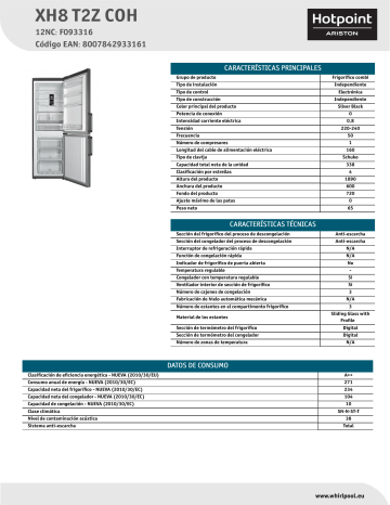 HOTPOINT/ARISTON XH8 T2Z COH Fridge/freezer combination Product Data Sheet | Manualzz
