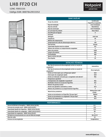 HOTPOINT/ARISTON LH8 FF2O CH Fridge/freezer combination Product Data Sheet | Manualzz