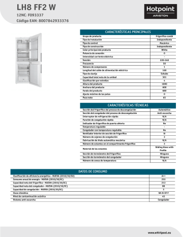 HOTPOINT/ARISTON LH8 FF2 W Fridge/freezer combination Product Data Sheet | Manualzz