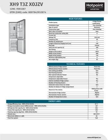 HOTPOINT/ARISTON XH9 T3Z XOJZV Fridge/freezer combination Product Data Sheet | Manualzz