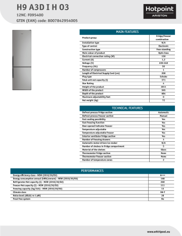 HOTPOINT/ARISTON H9 A3D I H O3 Fridge/freezer combination Product Data Sheet | Manualzz