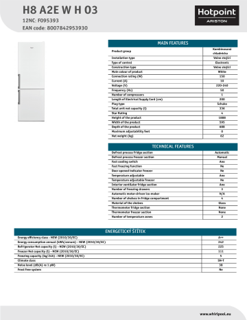 HOTPOINT/ARISTON H8 A2E W H O3 Fridge/freezer combination Product Data Sheet | Manualzz