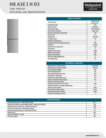 HOTPOINT/ARISTON H8 A3E I H O3 Fridge/freezer combination Product Data Sheet | Manualzz