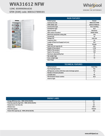 Whirlpool WVA31612 NFW Product data sheet | Manualzz