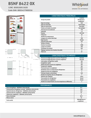 Whirlpool BSNF 8422 OX Fridge/freezer combination Product Data Sheet | Manualzz