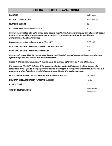 Whirlpool ADG 7557/3 Dishwasher Informazioni sul prodotto | Manualzz