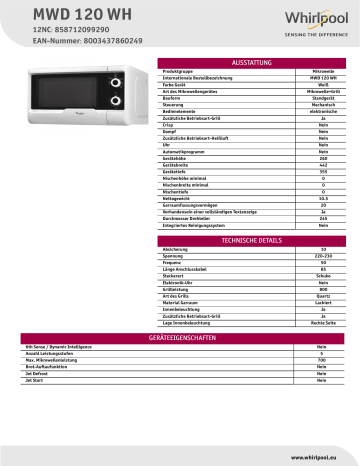 Whirlpool MWD 120 WH Product data sheet | Manualzz