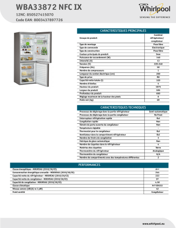 Whirlpool WBA33872 NFC IX Fridge/freezer combination Product Data Sheet | Manualzz