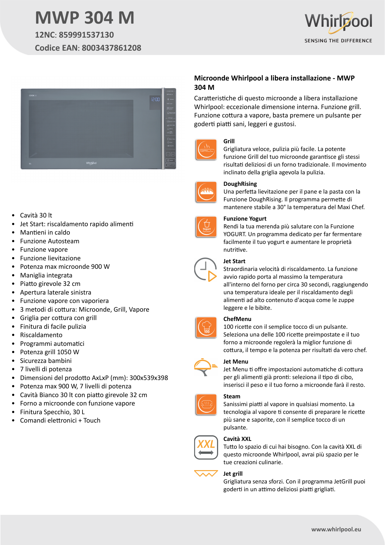 Whirlpool MWP 304 M Product data sheet | Manualzz