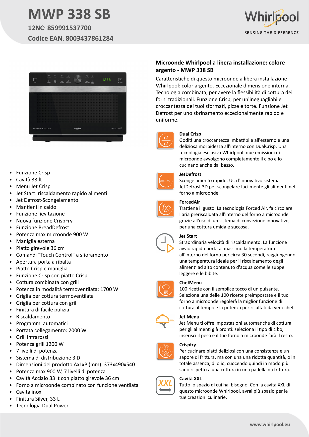 Whirlpool MWP 338 SB Product data sheet | Manualzz