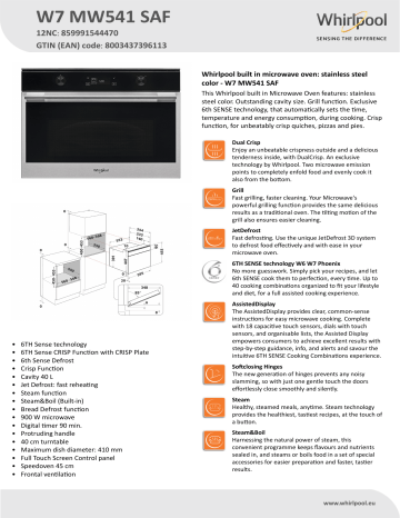 Whirlpool W7 MW541 SAF Product data sheet | Manualzz