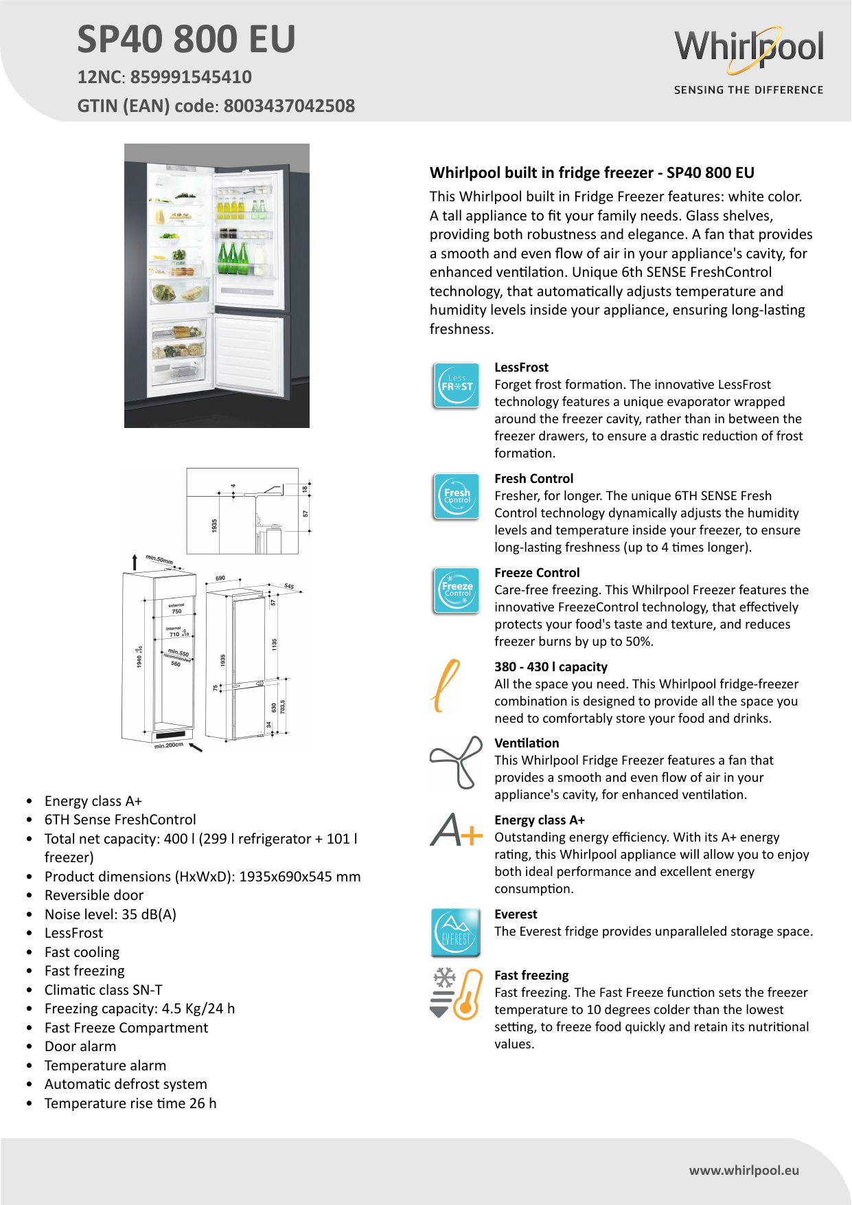 Whirlpool SP40 800 EU Product data sheet | Manualzz
