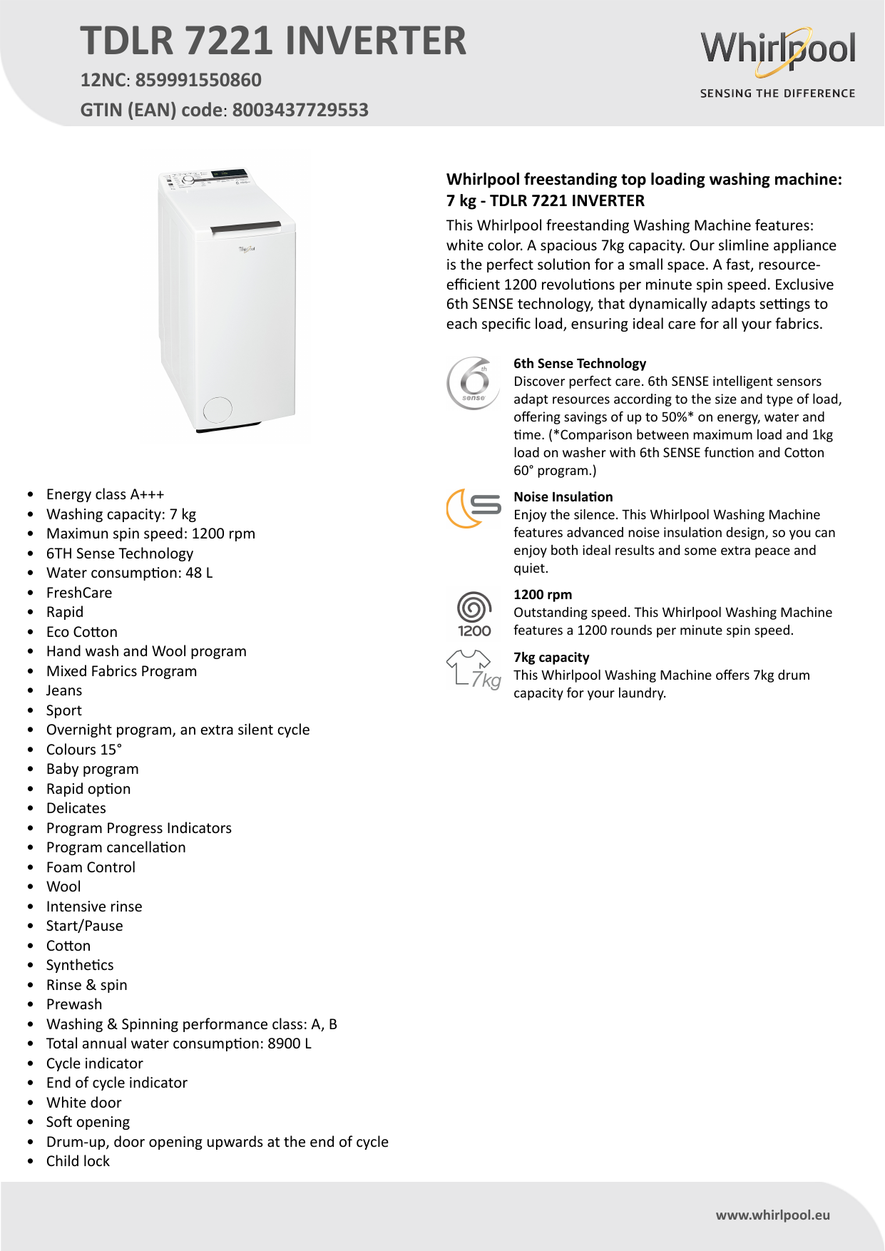 Whirlpool TDLR 7221 INVERTER Product data sheet | Manualzz
