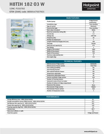 HOTPOINT/ARISTON H8TIH 182 O3 W Product data sheet | Manualzz