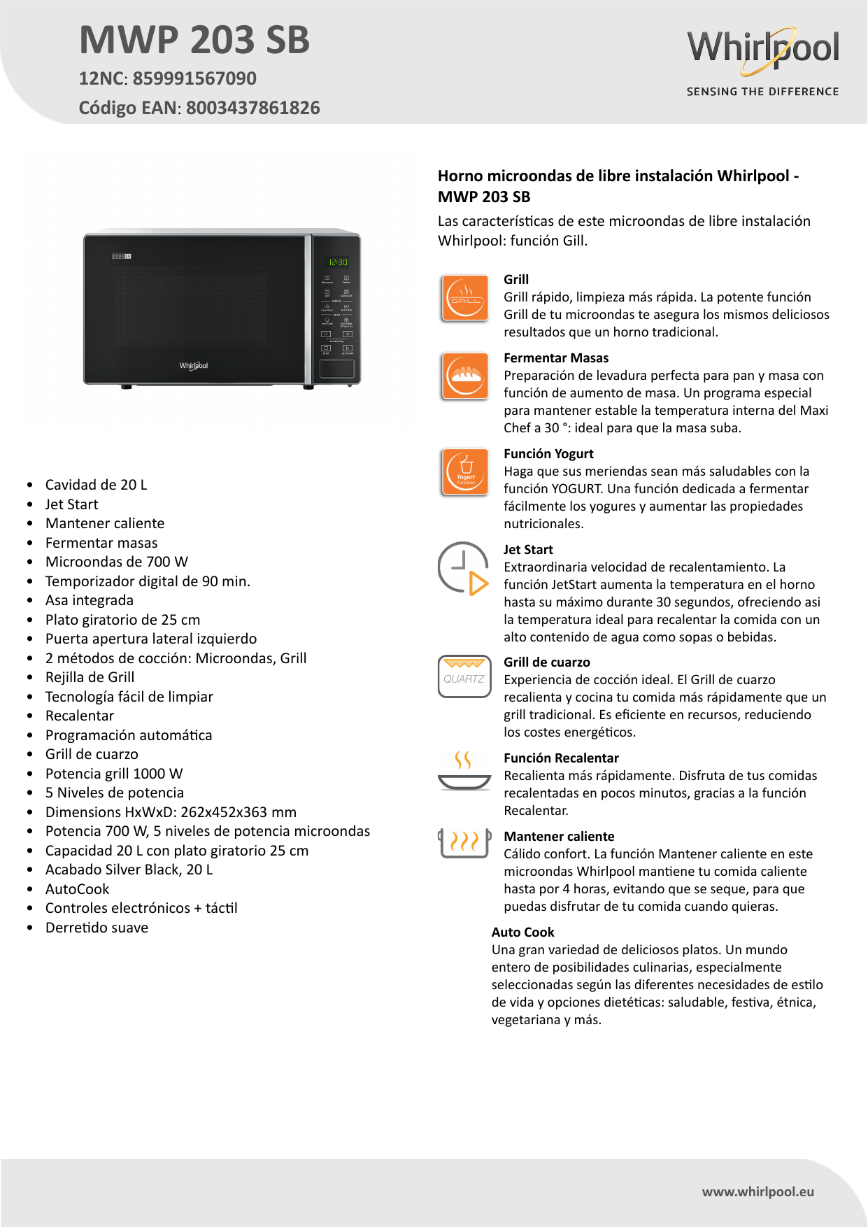 Whirlpool MWP 203 SB Product data sheet | Manualzz