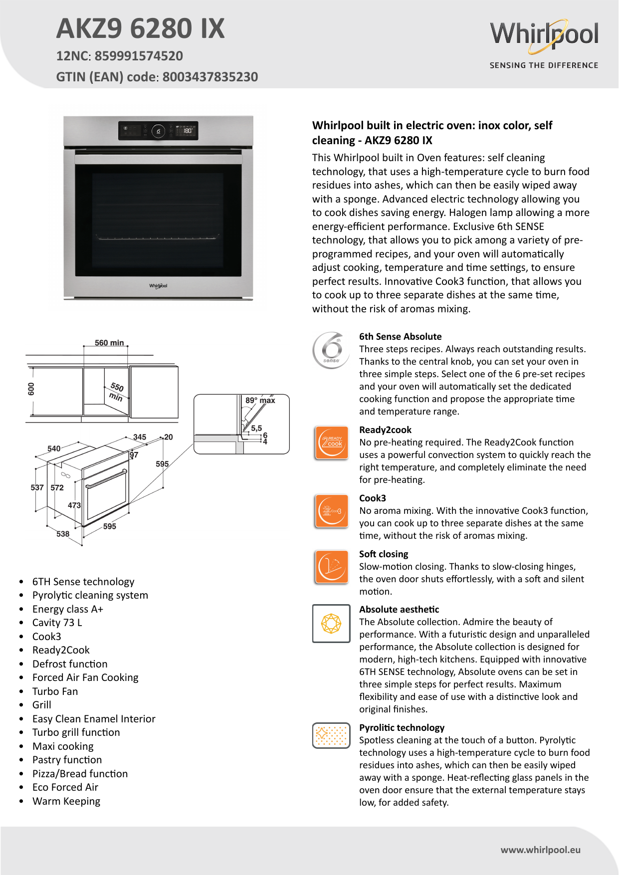 Whirlpool AKZ9 6280 IX Product data sheet | Manualzz