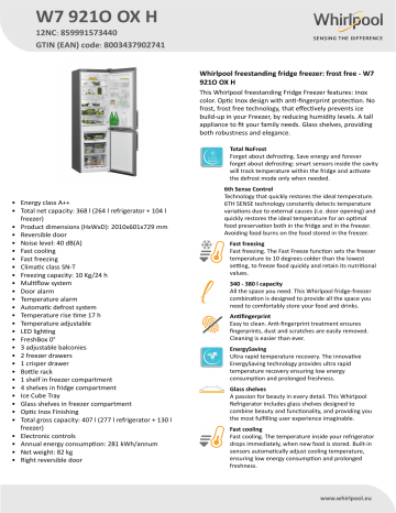 Whirlpool W7 921O OX H Product data sheet | Manualzz