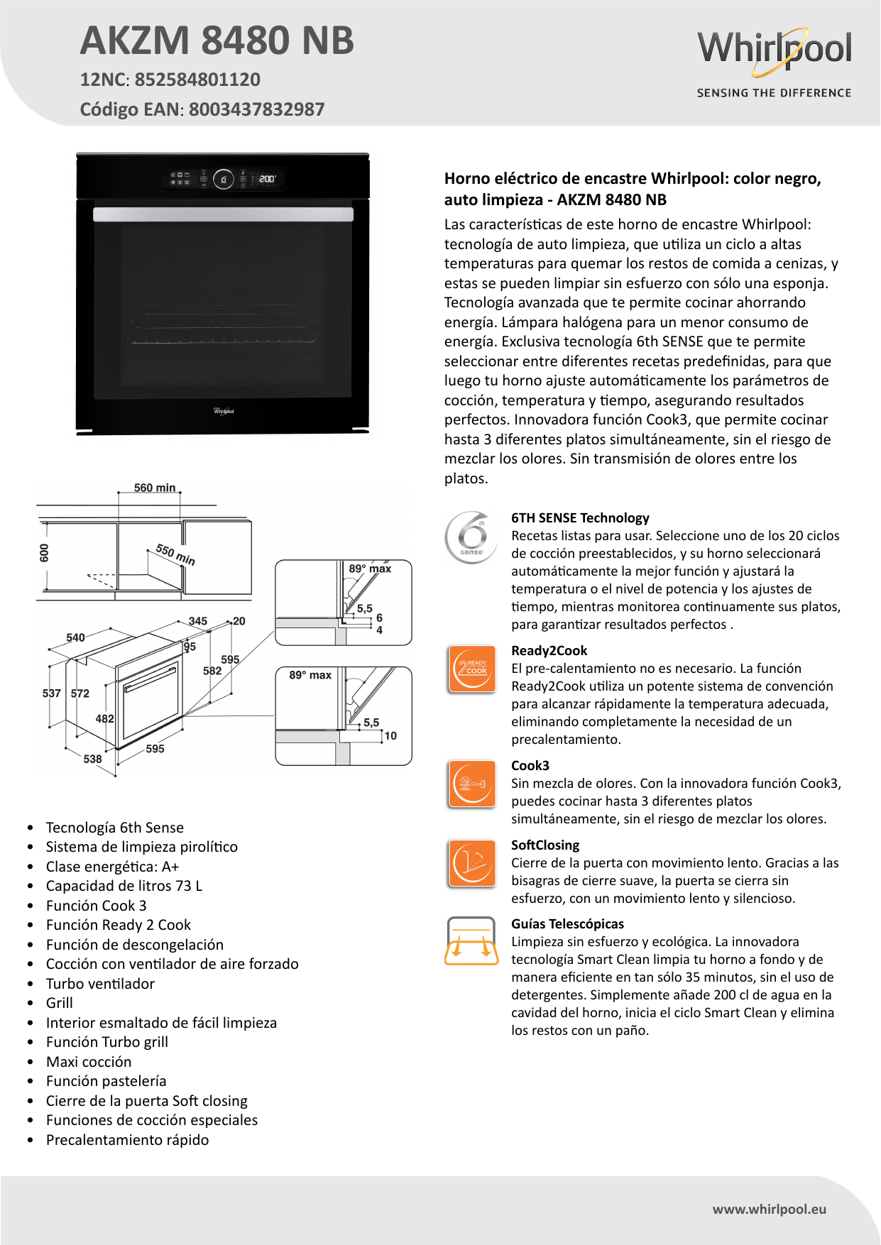 Whirlpool AKZM 8420 NB Backofen 73 l 3650 W A+ Schwarz