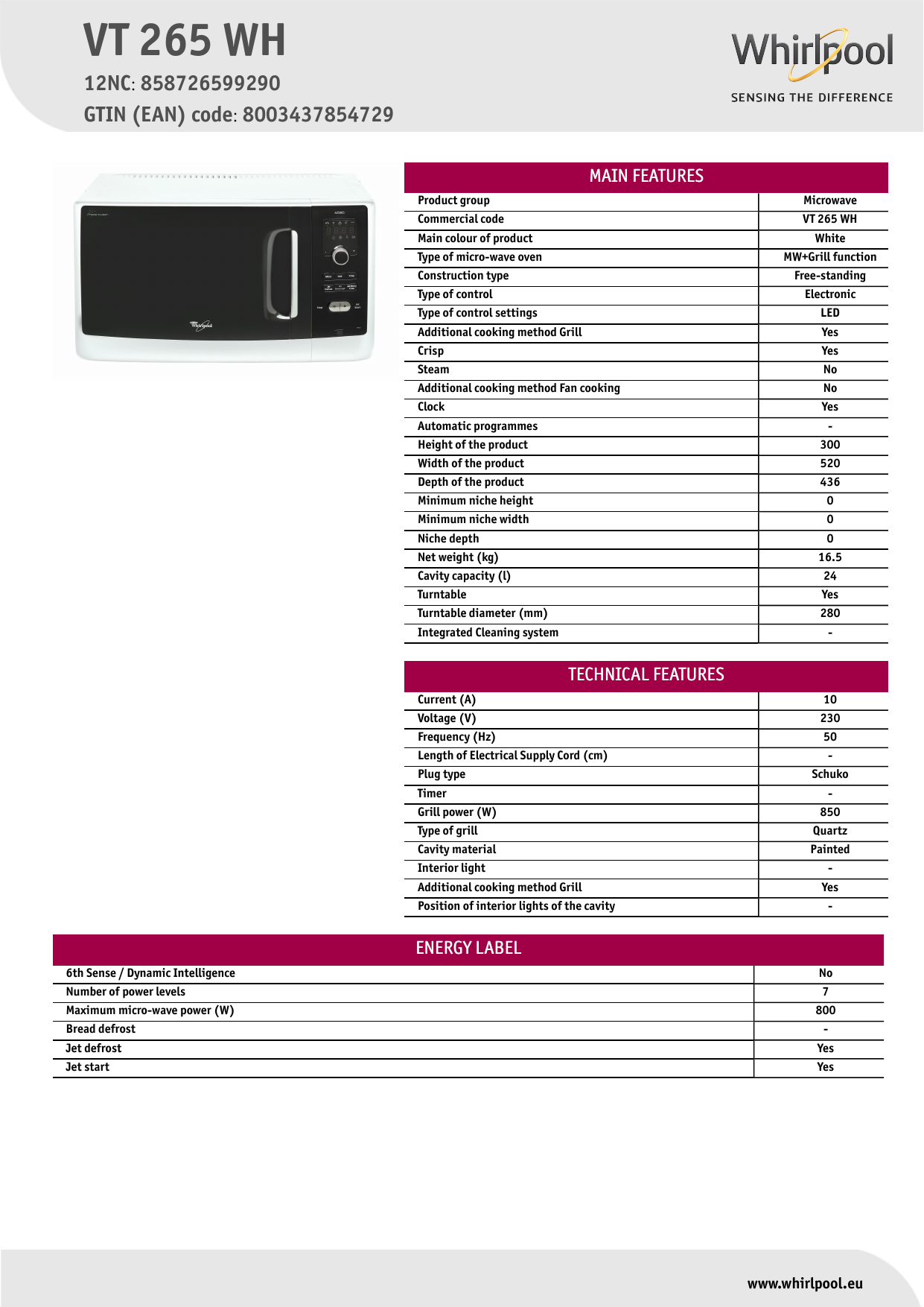 Whirlpool VT 265 WH Microwave Product Data Sheet | Manualzz