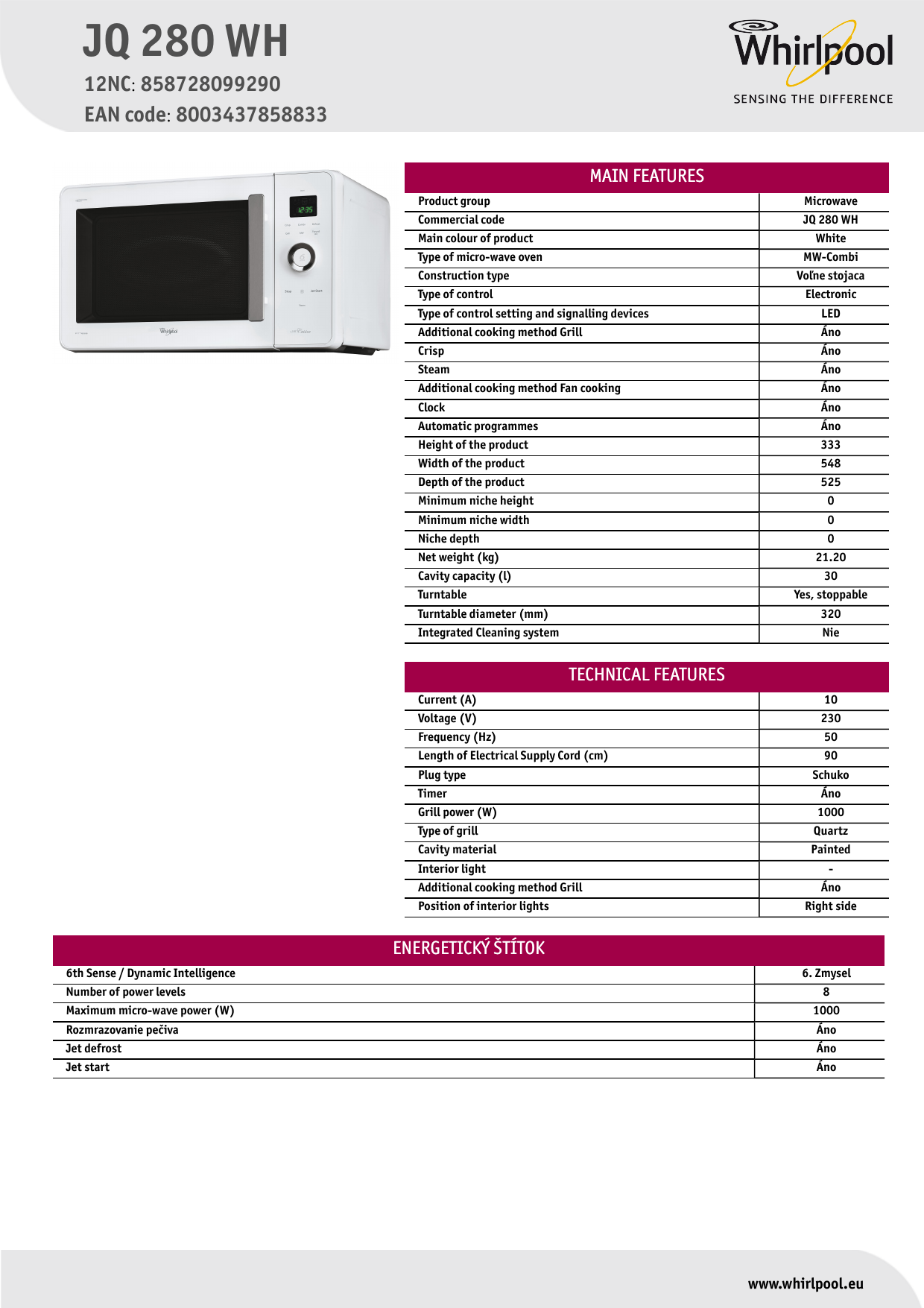 Whirlpool JQ 280 WH Microwave Product Data Sheet | Manualzz