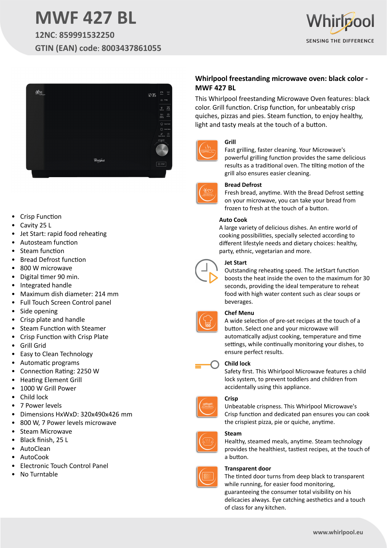 Whirlpool MWF 427 BL Product data sheet | Manualzz