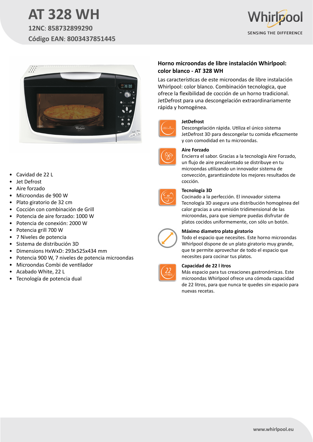 Whirlpool AT 328 WH Microwave Product Data Sheet | Manualzz