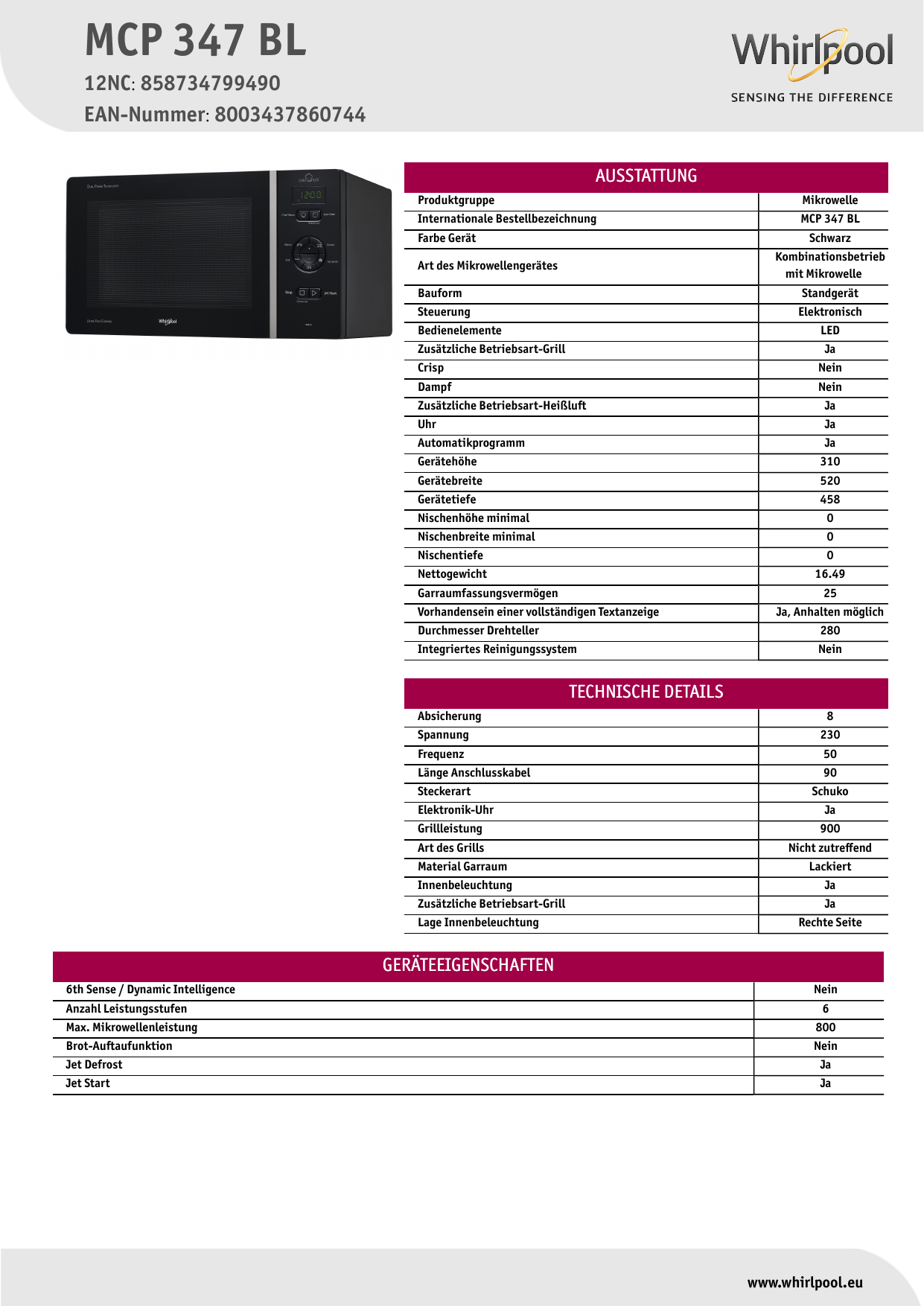 Whirlpool MCP 347 BL Product data sheet | Manualzz