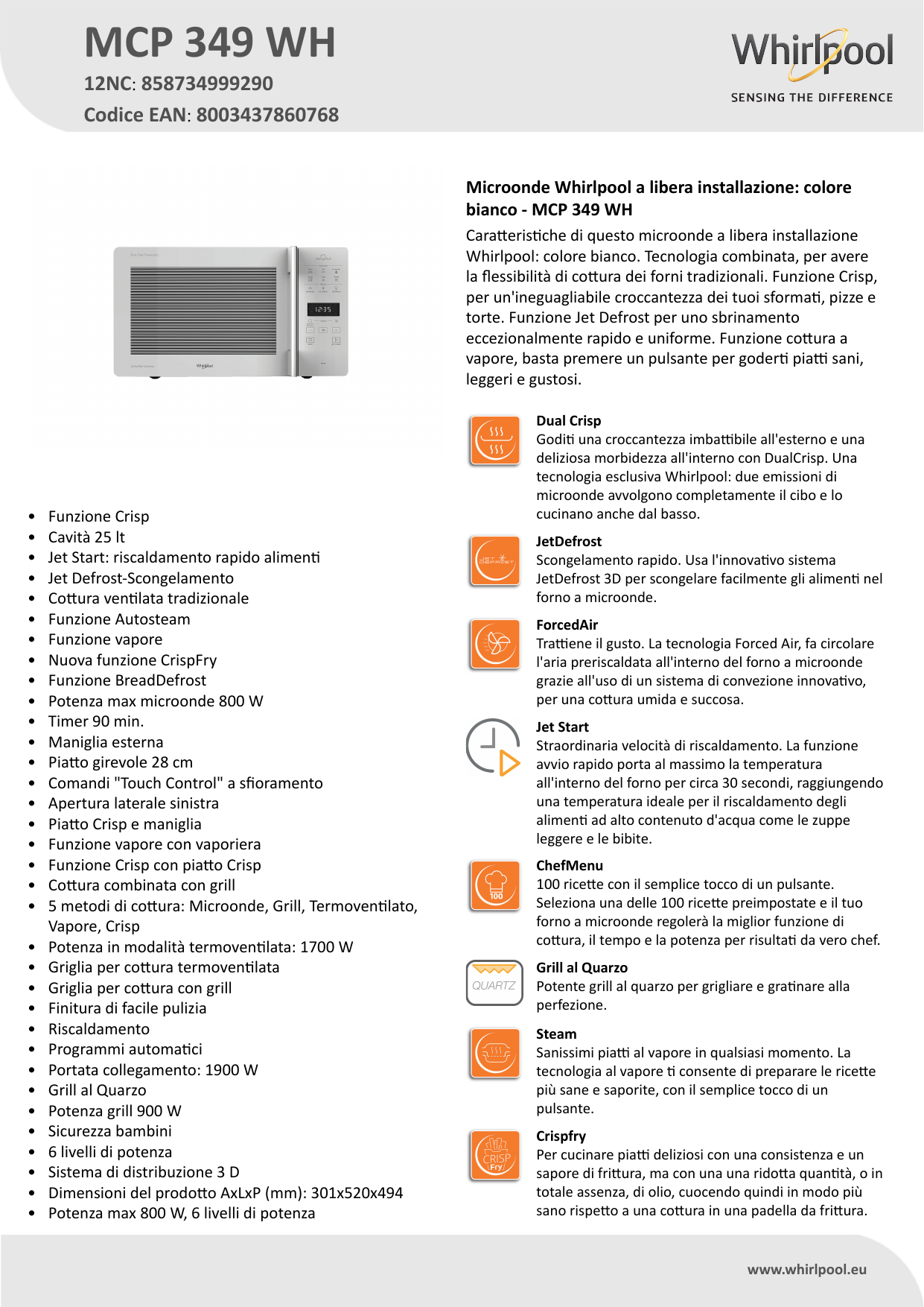 Whirlpool MCP 349 WH Product data sheet | Manualzz