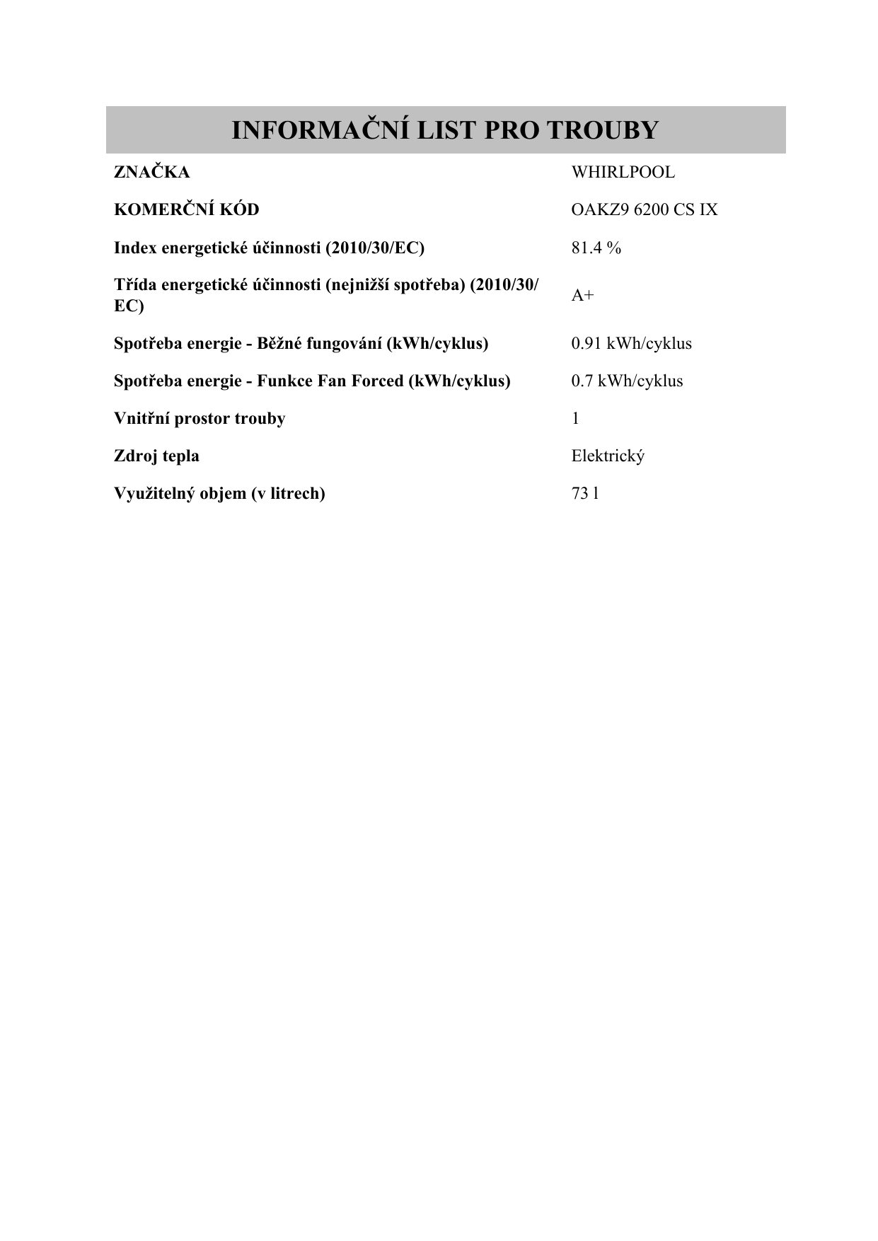Whirlpool OAKZ9 6200 CS IX Informace o produktu | Manualzz