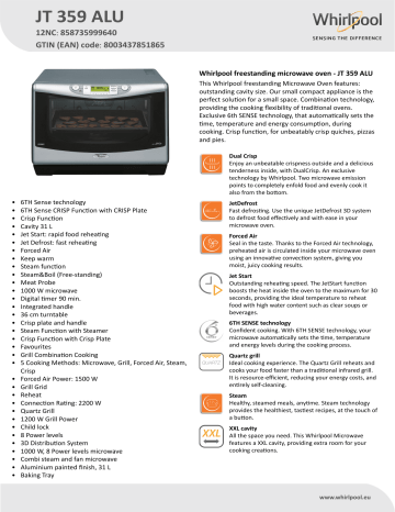 Whirlpool JT 359 ALU Microwave Product Data Sheet | Manualzz