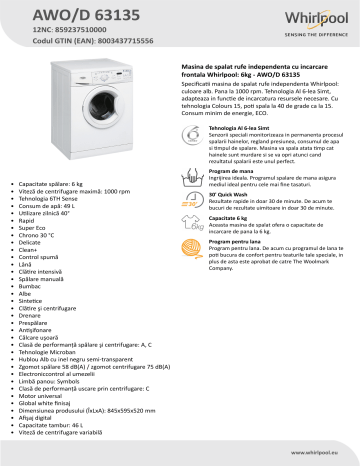 interface person paste Whirlpool AWO/D 63135 Washing machine Product Data Sheet | Manualzz