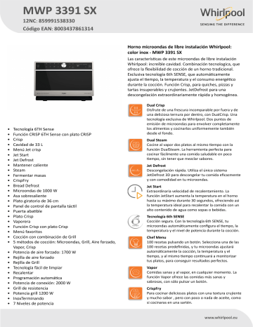 Whirlpool MWP 3391 SX Product data sheet | Manualzz