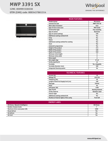Whirlpool MWP 3391 SX Product data sheet | Manualzz