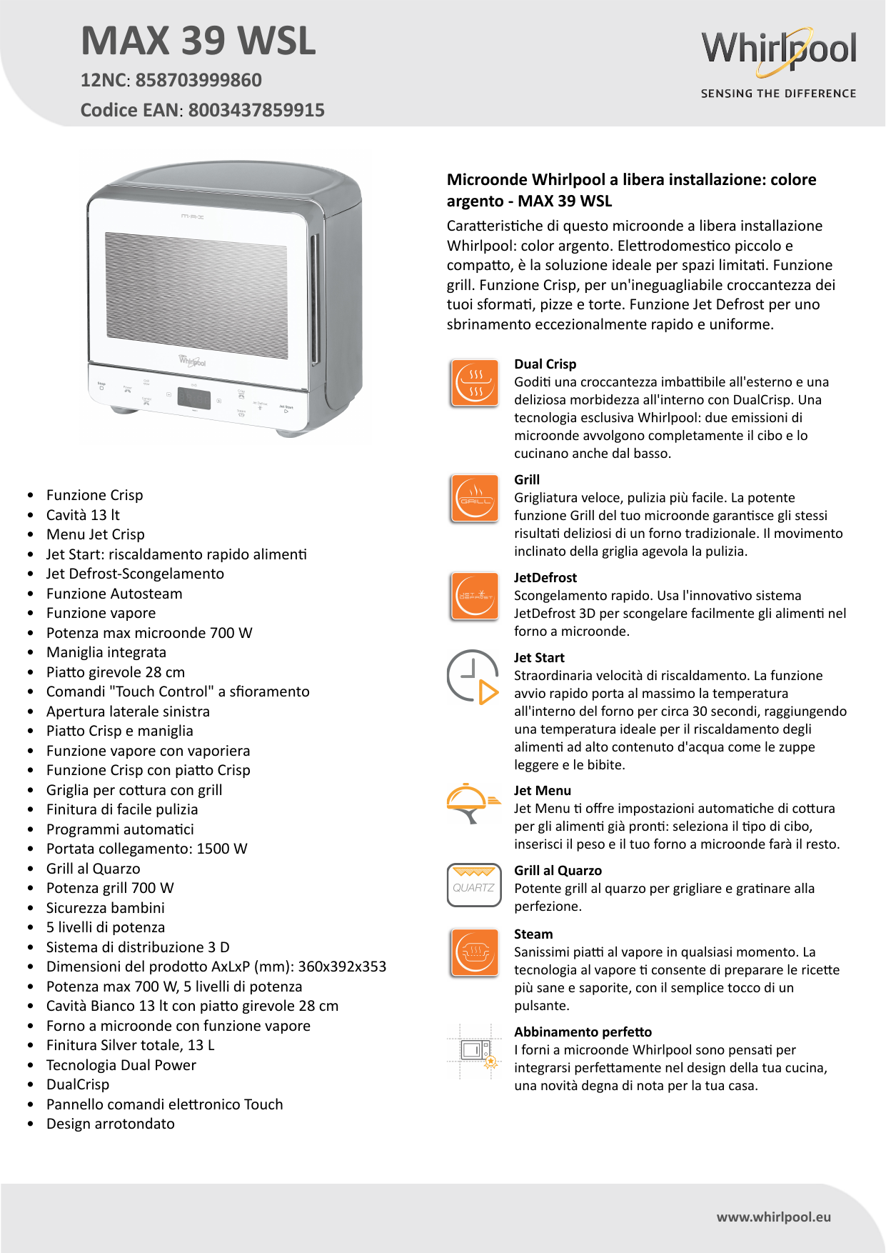 Whirlpool MAX 39 WSL Product data sheet | Manualzz