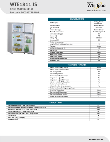 Whirlpool WTE1811 IS Fridge/freezer combination Product Data Sheet | Manualzz